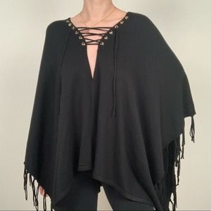 Chicos Black Lace Up Fringe Poncho